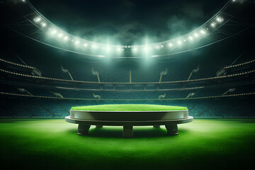 podium in the center of a stadium, surrounded by rows of empty seats and light flashes playground of grass inside the soccer football