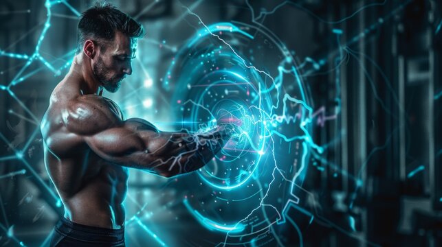 A muscular man stands in a gym setting, reaching out to touch a glowing, futuristic interface. - Powered by Adobe