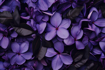 Purple flower petals and leaves, seen from above