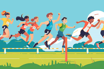 Fototapeta premium A dynamic clipart of a school sports day, with students participating in races, jumping over hurdles, and cheering from the sidelines