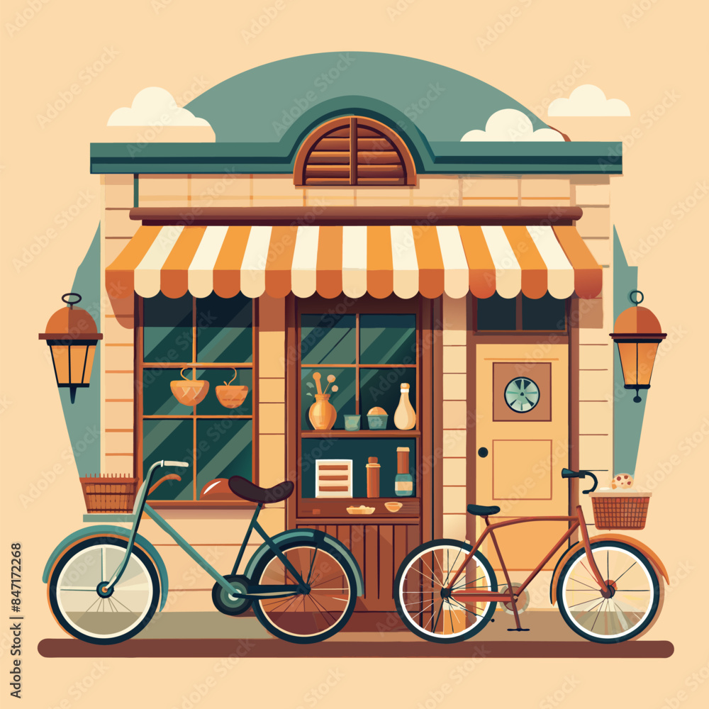 Poster a store front with two bicycles leaning against it. the store is a small shop with a window display 