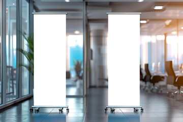 two empty white roll-up standee banner in office hall, mockup
