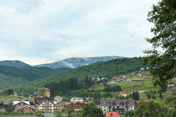 View of beautiful village in Carpathian mountains, Ukraine