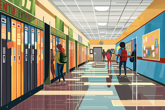 A detailed clipart of a school hallway with rows of lockers, students chatting by their lockers, and colorful bulletin boards displaying school events and achievements