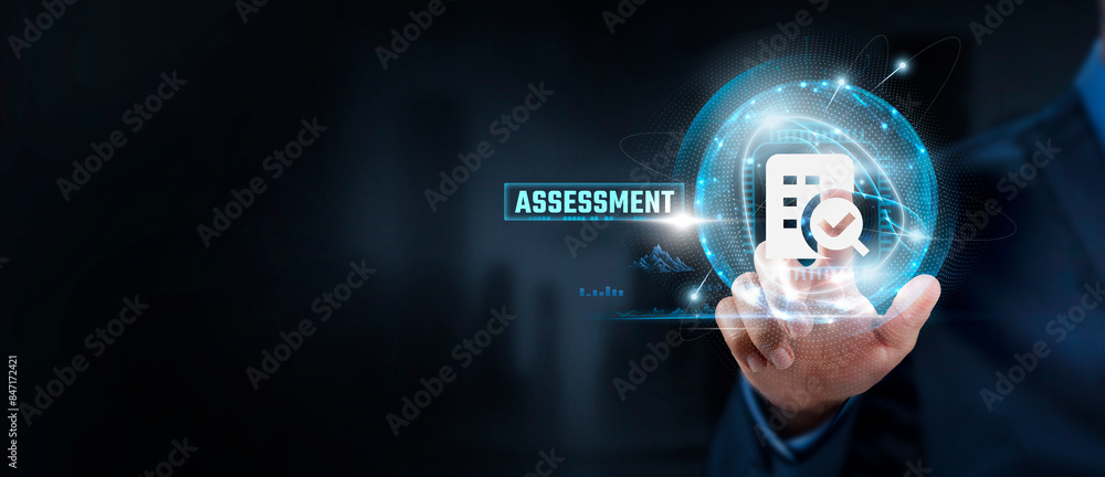 Poster assessment, evaluation: businessman touching performance metrics and global network. analysis, impro