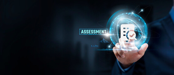 Assessment, Evaluation: Businessman Touching Performance Metrics and Global Network. Analysis,...