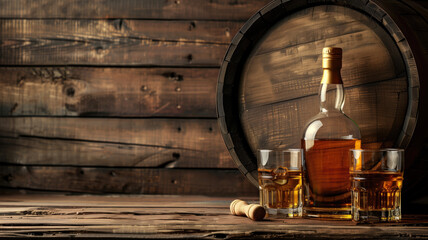 Scotch whiskey bottle, glass, and old wooden barrel with empty space