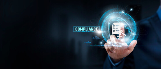 Compliance, Regulation: Businessman Touching Compliance Standards and Global Network. Adherence,...