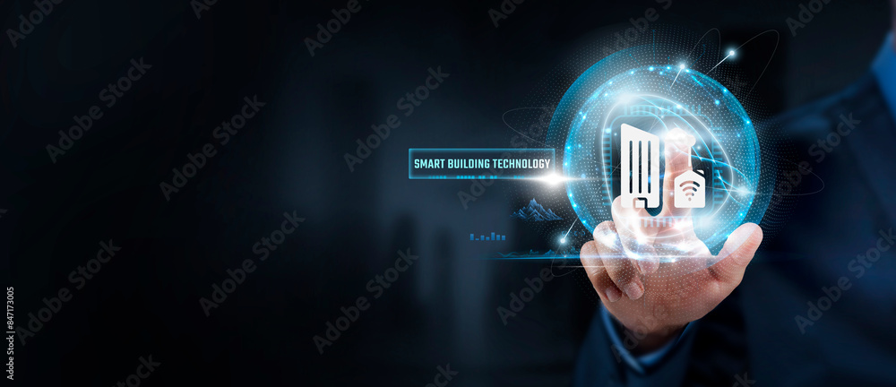 Poster smart building, connectivity: businessman touching smart building icon and global network. efficienc