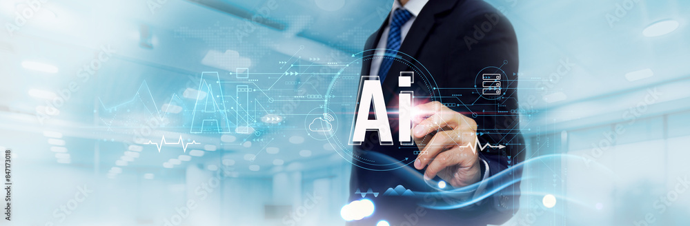 Poster ai businessman analyzing business graph and data of ai-driven business growth, leveraging machine le