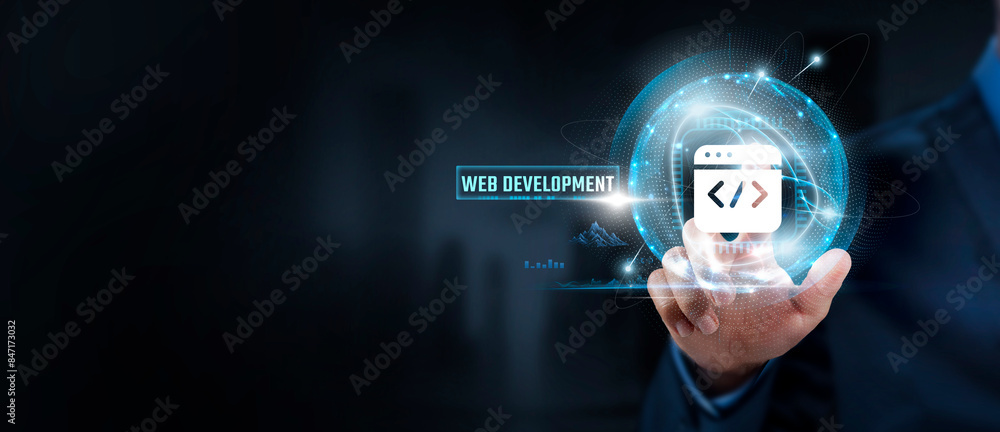 Poster web development, businessman touching web development icon and global network. creativity, progress,