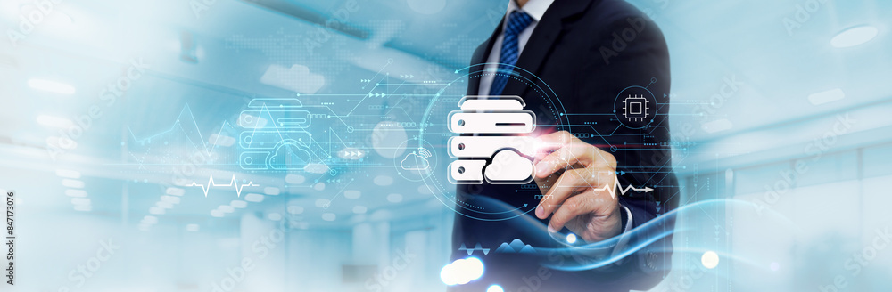 Aufkleber hosting: business graph and data of hosting business growth, scalability. businessman touches and an