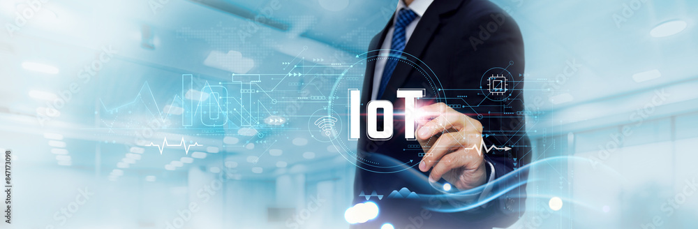 Poster iot: business graph and data of iot business growth, connectivity. businessman touch and analyzing d
