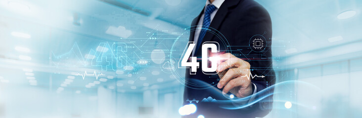 4G Business Graph and Data of Accelerating Business Growth, Efficiency. Businessman Touches and Analyzes Data Growth of 4G Connectivity, Innovation, Future Technology.