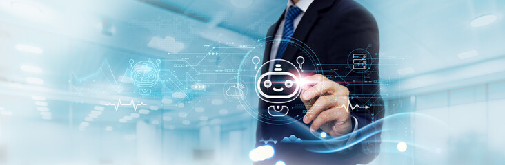 Chatbots: Business Graph and Data of Automated Customer Service Business Growth, Efficiency. Businessman Touch and Analyzing Data Growth of AI-Powered Customer Support, Communication, and Innovation.