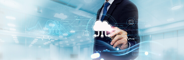 Cloud Computing: Business Graph and Data of Cloud-Based Business Growth, Scalability. Businessman Touches and Analyzes Data Growth of Cloud Computing, Efficiency, Innovation.