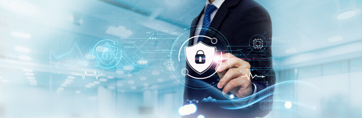 Cybersecurity: Business Graph and Data of Secure Business Growth, Protection Measures. Businessman...
