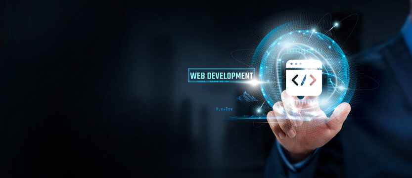 Web Development,  Businessman Touching Web Development Icon and Global Network. Creativity, Progress, Innovation