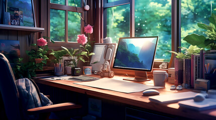 Lofi interior. Window view of a forest, jungle.