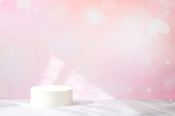 Abstract elegant premium background with empty podium and window shadows, empty showcase for display or presentation of cosmetic products, card with space for text, selective focus.