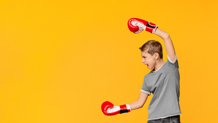 Transitional age problems. Furious teenager in boxing gloves screaming and attacking at empty...