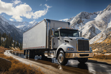 A white truck is driving on the road against the background of a summer landscape