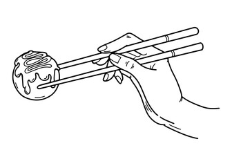Takoyaki doodle element. Japan street food hand drawn icon. Hand with chopsticks hashi.