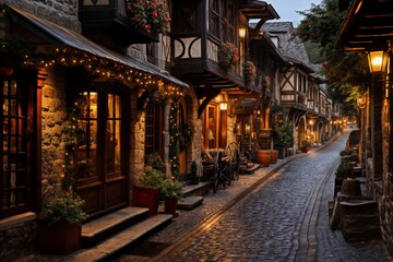 evening street in the old European city, cobblestone pavement, facades decorated with flowers, lanterns and night lights, vintage style