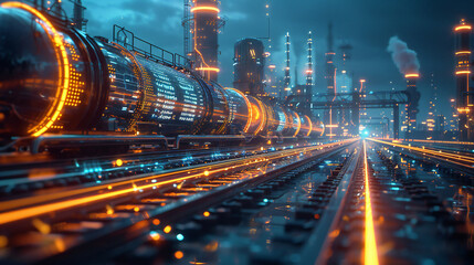 power plant refinery with storage tanks facility for oil production or petrochemical factory infrastructure and oil demand price chart concepts as wide banner with copy space