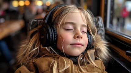 Young child peacefully asleep in vehicle, wearing headphones, creating a serene and cozy atmosphere
