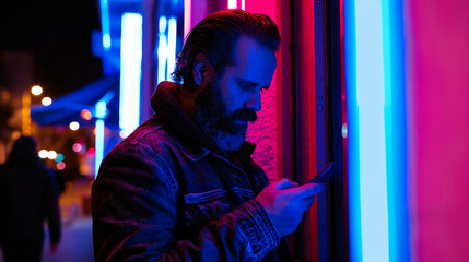 man with smartphone standing next to neon lights at night