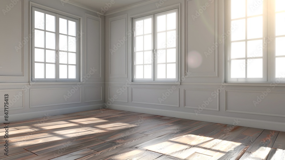 Poster bright and spacious empty room with large windows. sunlight streaming through windows on wooden floo