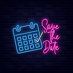 Save the Date Neon Sign with Brick Wall Background