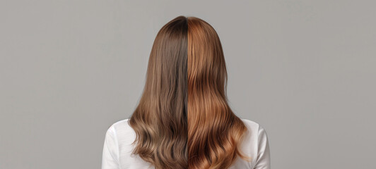 Fototapeta premium Photo of a woman divided into halves before and after hair treatment on a grey background