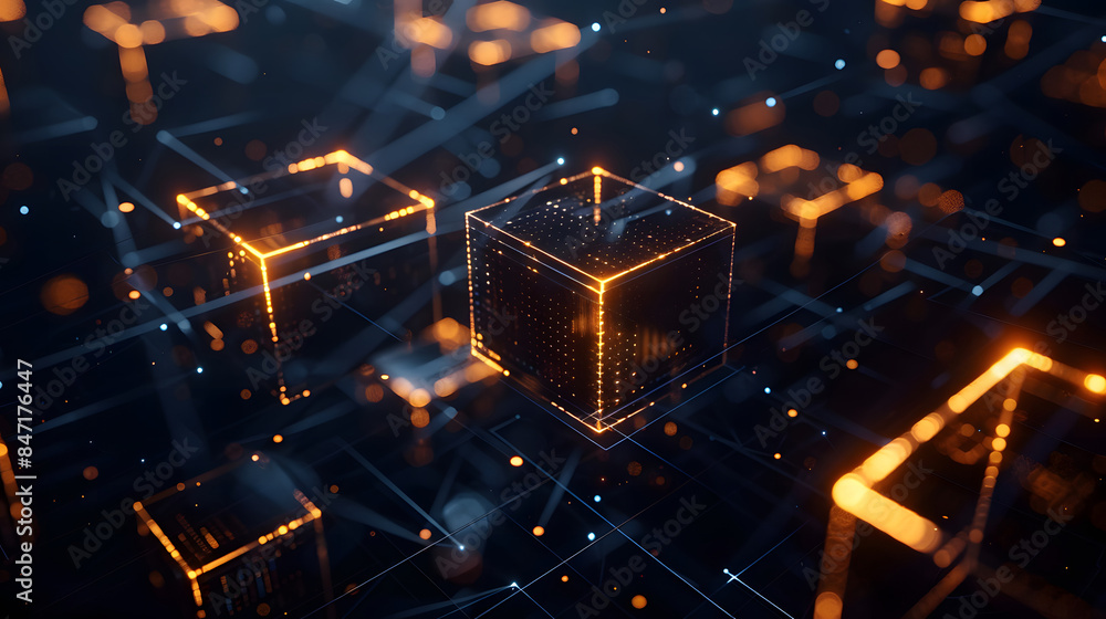 Poster futuristic metaverse and blockchain technology network concept with digital cubes blocks in glowing 