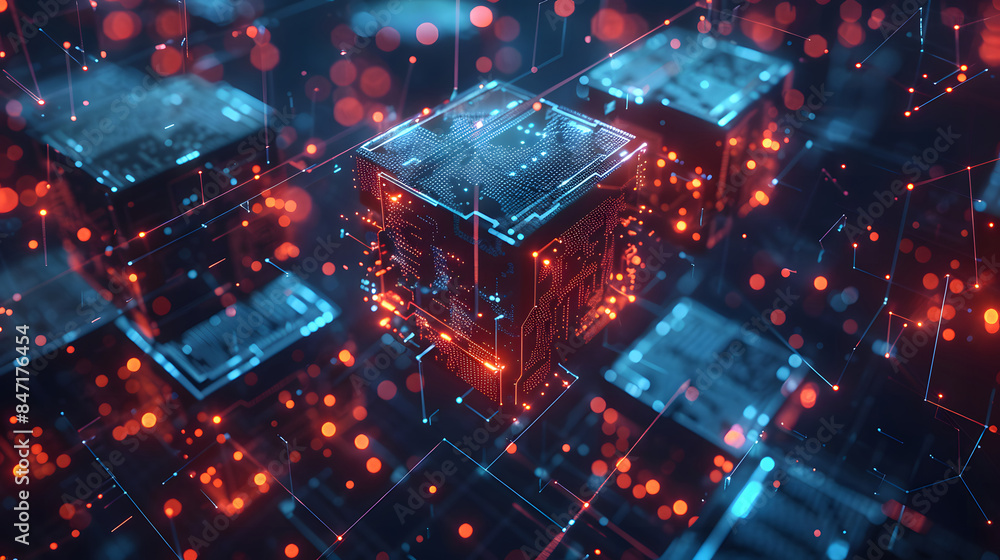 Poster futuristic metaverse and blockchain technology network concept with digital cubes blocks in glowing 