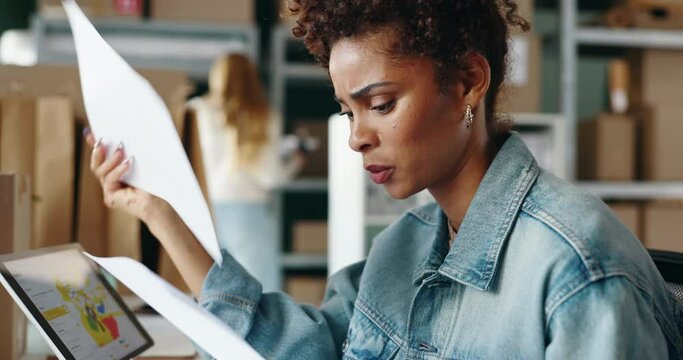 Woman, logistics and mistake with document for storage, distribution and reading with stress for invoice. Person, employee and frustrated with error on paperwork for shipping company at warehouse