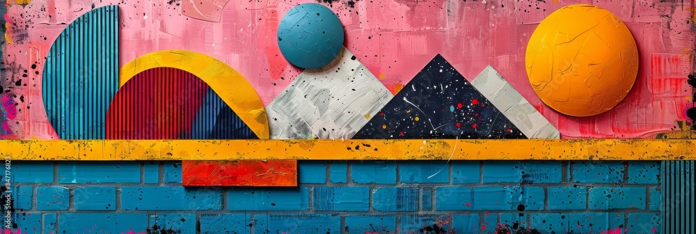 Poster modern abstract art with geometric shapes and bold colors on textured background