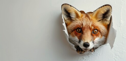 A fox peeks through a hole in the wall. The animal's face is highlighted by the surrounding white space. Concept of curiosity and wildlife.