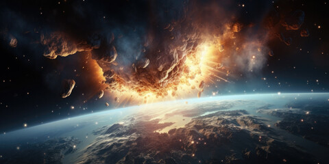 Fototapeta premium An asteroid entering Earth's atmosphere, glowing brightly as it burns up, with a dramatic sky in the background