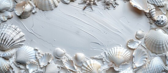 Obraz premium Silver seashells on metal with blank space, inspired by marine life.