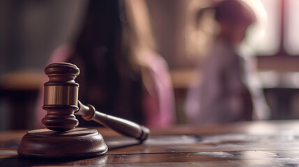 Close up of a legal judges hammer with a blurred child in the background. Child custody concept