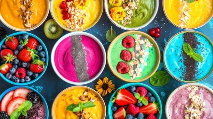 Top view of a variety of healthy smoothie bowls with fresh fruits, berries, nuts, seeds, and flowers.