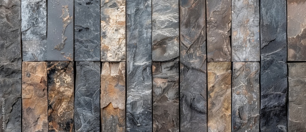 Poster decorative wall cladding made of narrow rectangular stripes of natural rock creating a textured back