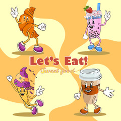 Set groovy retro cartoon food snack characters. coffee mug, croissant with eyes and peace hands, bubble tea and ice cream. Isolated flat illustration in style 60s 70s.