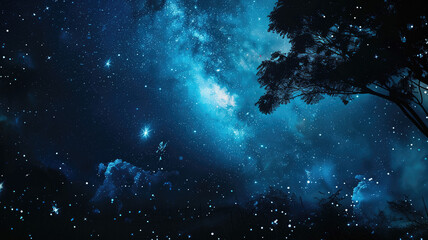 Obraz premium blue galaxy stars night under starry sky key center unconnected entertainment banner partially covered fiery particles