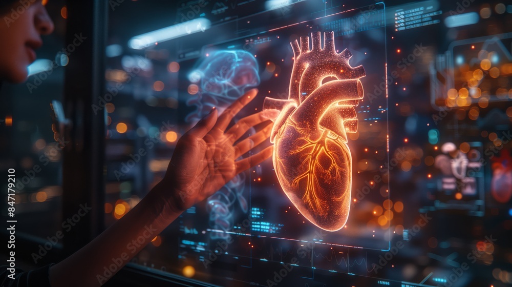 Poster a person interacts with a holographic display showing a human heart, demonstrating the potential of 