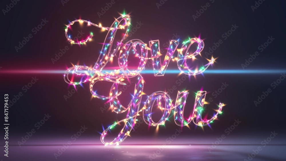 Poster hyperrealistic version of 'i love you' spelled out with fairy lights in a mesmerizing 3d display