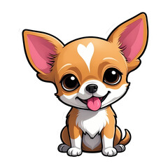 Cute Childish Kawaii Chihuahua Dog Character Sticker Sitting with Head Tilted, Rich Caramel Fur, Round Eyes, Pink Tongue, Red Collar with Tag, Thick Black Outline, Generative AI.
