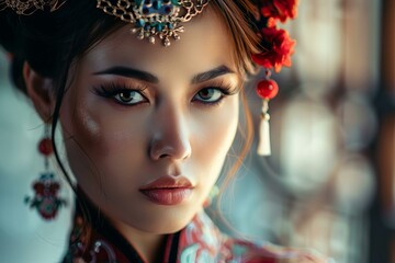 Fototapeta premium Beautiful chinese woman with traditional clothes and makeup posing for beauty portrait